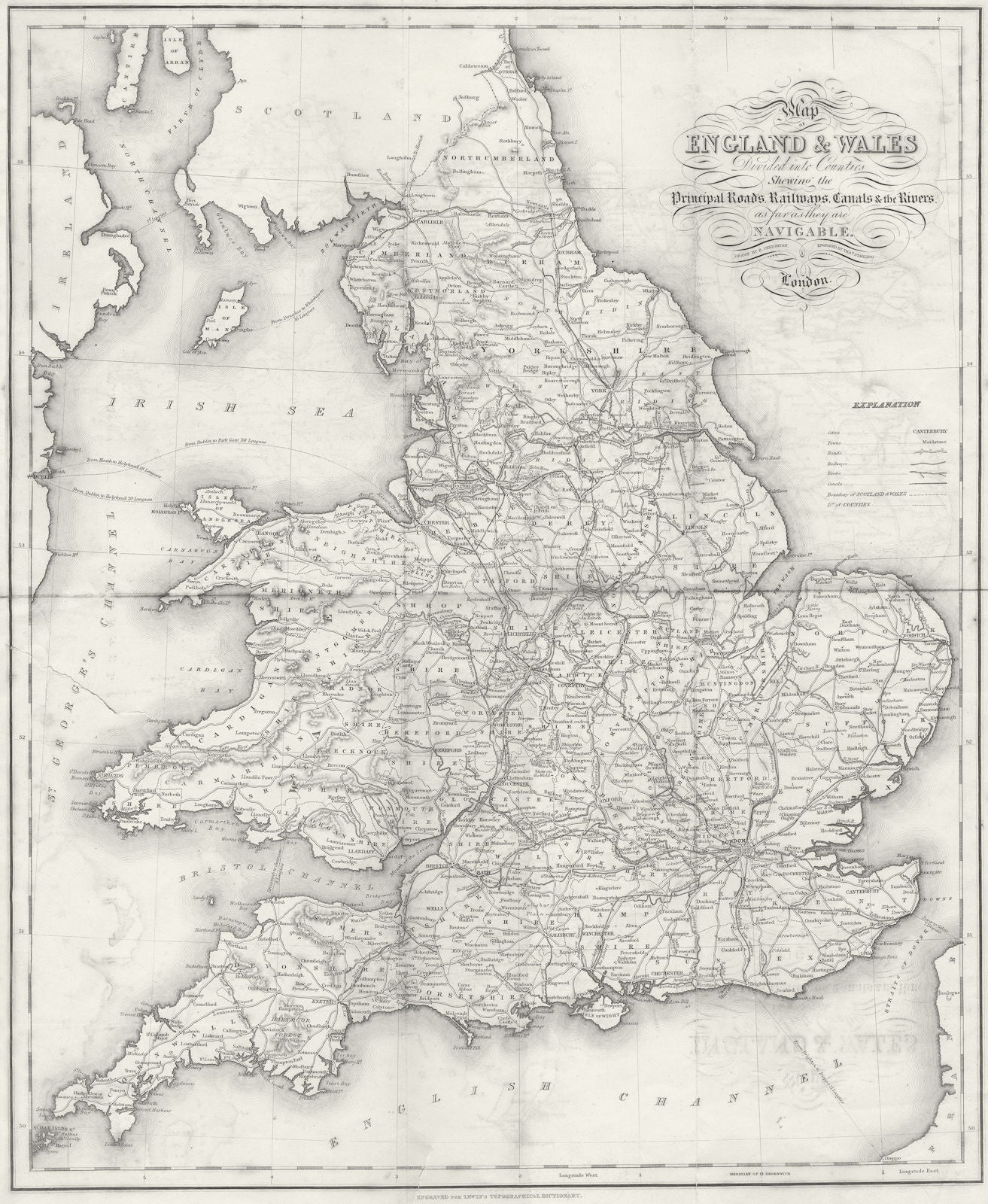 ENGLAND WALES. Roads, rail, canals, rivers. Lewis c1840 old antique map chart